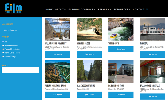 a screenshot of the film location page on the Placer County Film Office website