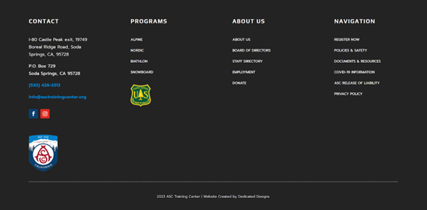 Screenshot of ASC Training Center informational footer